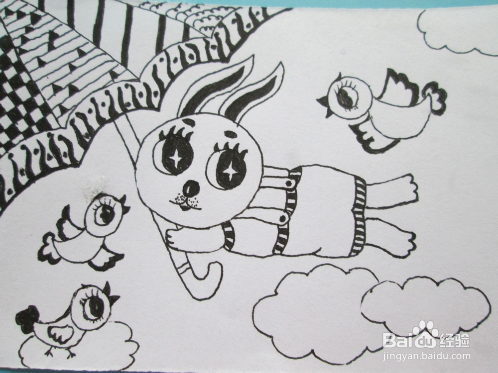 黑白线描画《被大风吹起来的小兔子》作画步骤