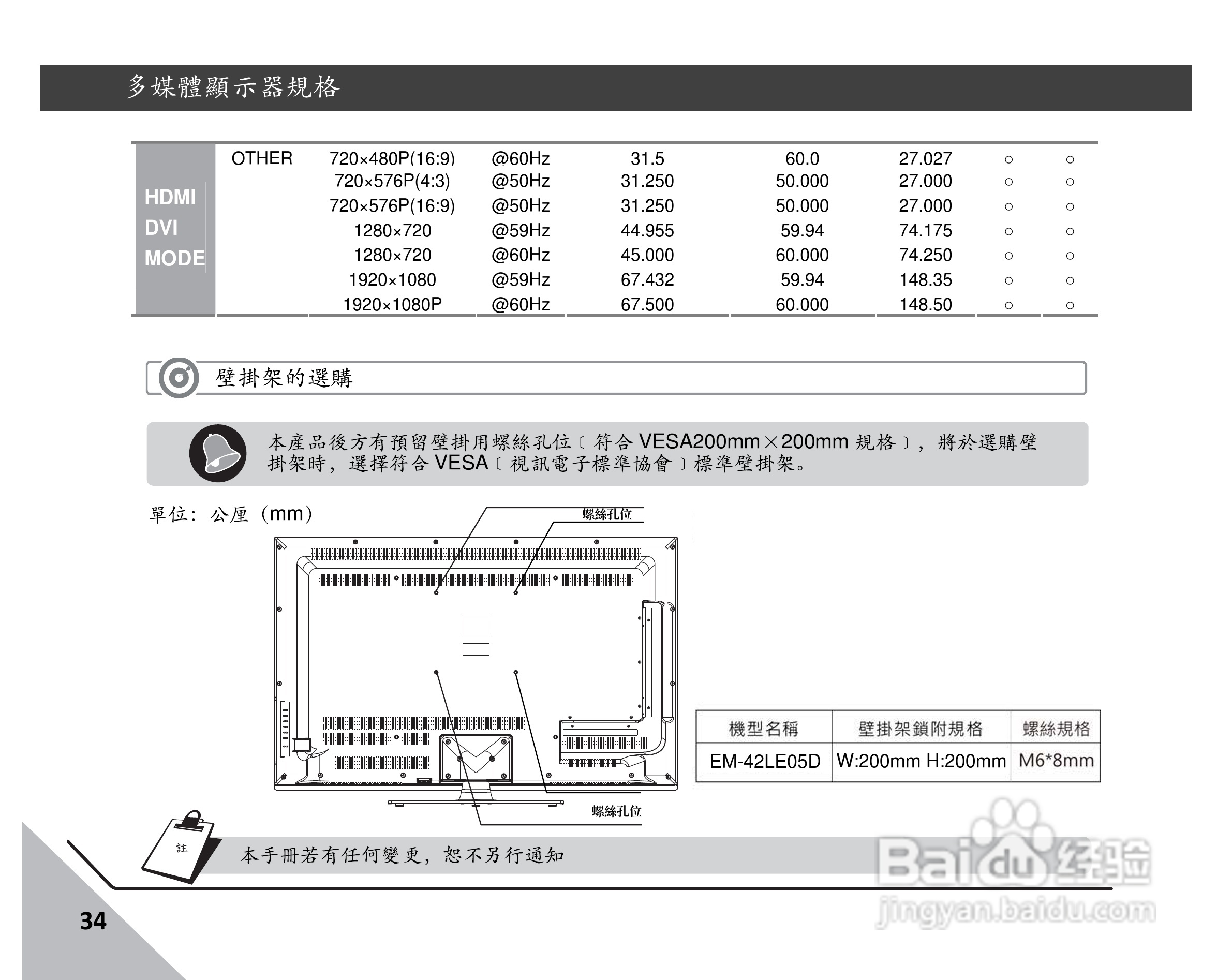 声宝EM-42LE05D型多媒体液晶显示器说明书:[4]