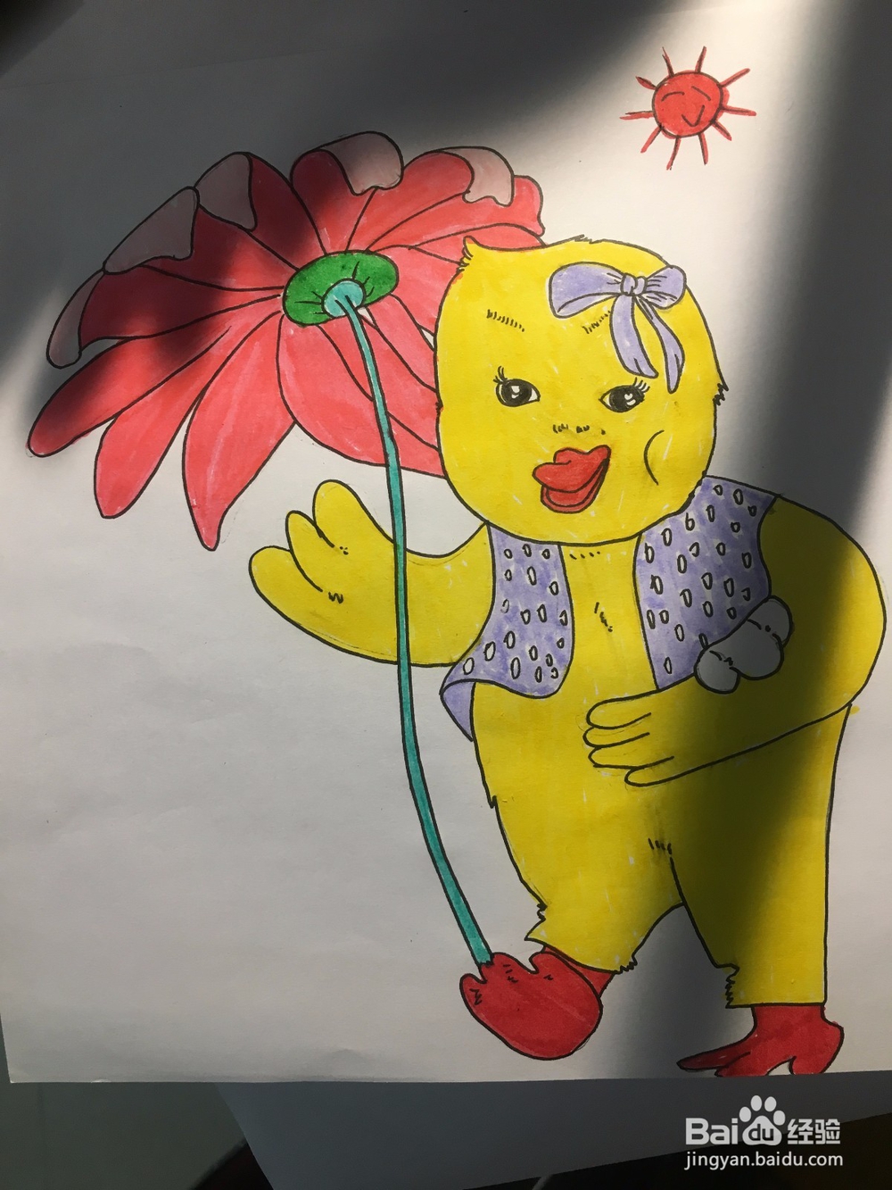 画一只拿着花当伞的鸭子 鸭子的简笔画 彩色涂鸦