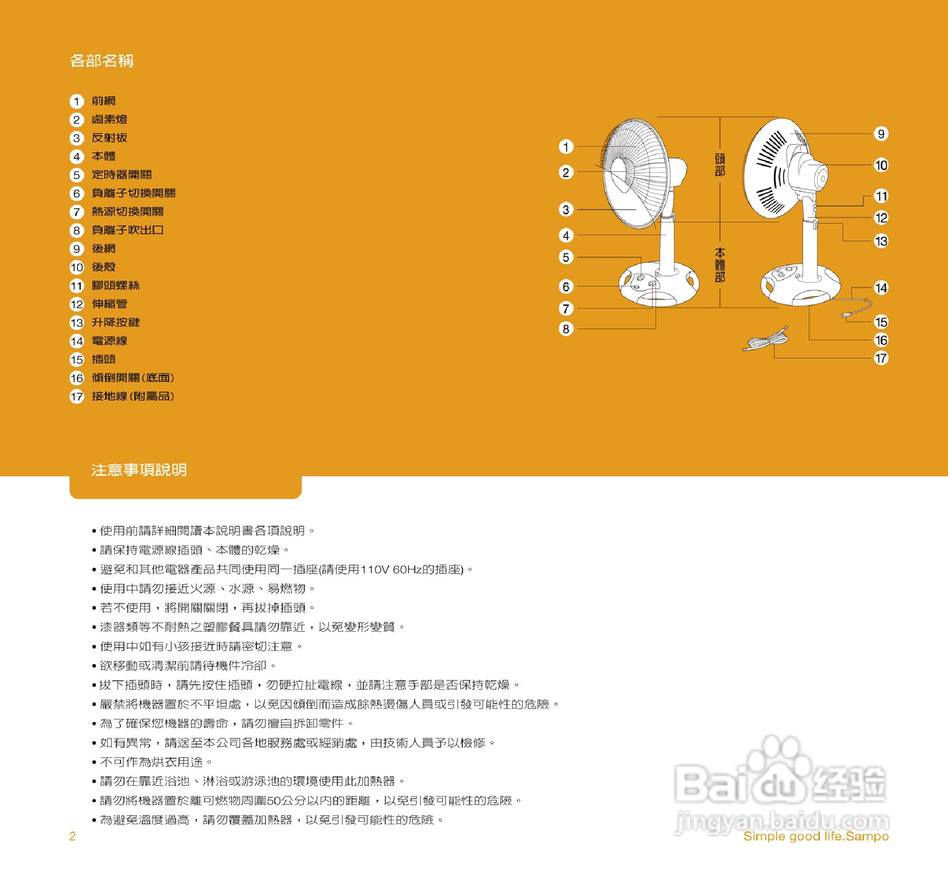 sampo hx-fd14f14吋红外线卤素电暖器使用说明书