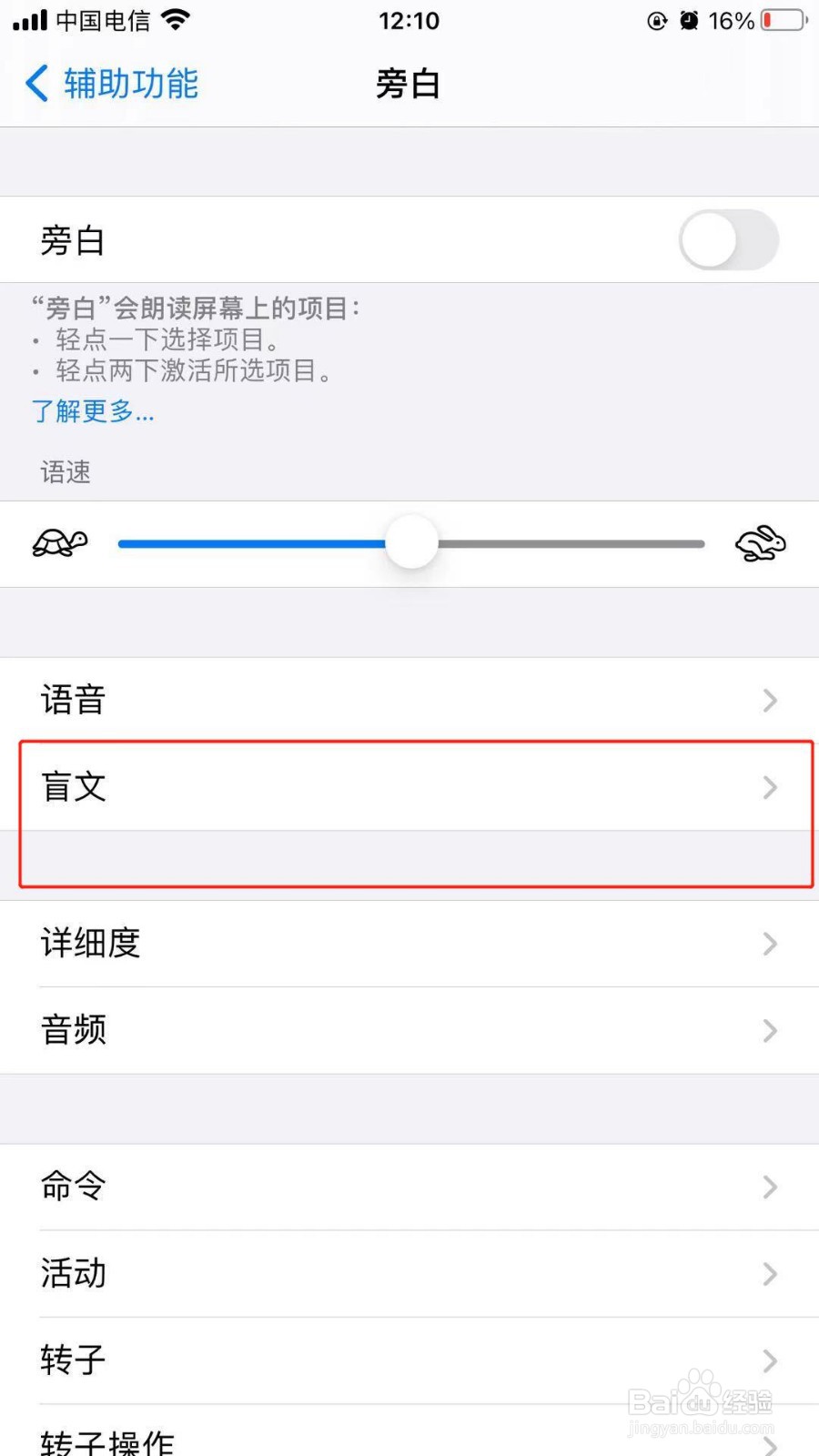 苹果手机中如何设置盲文自动前进速度