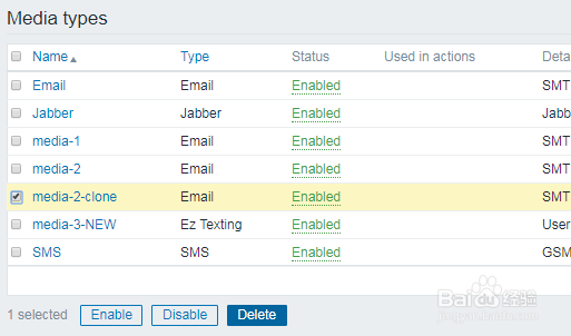 如何在zabbix中删除媒体类型？