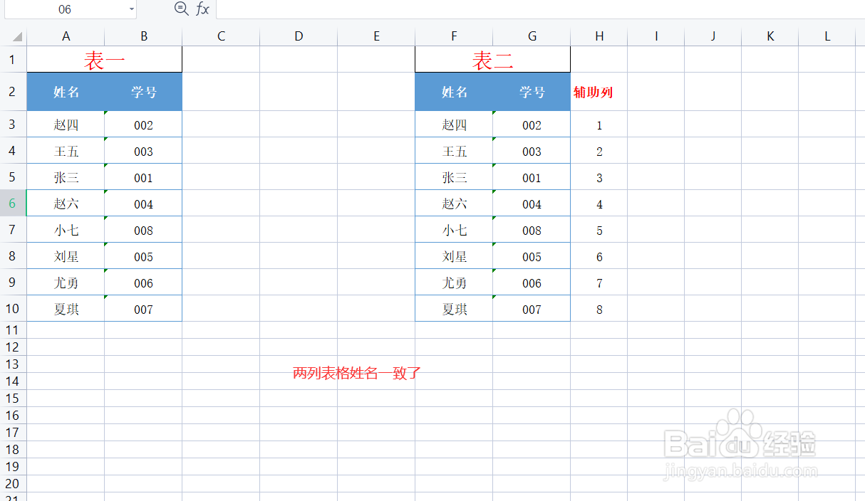 Excel表格如何让两列表格姓名顺序一致呢？