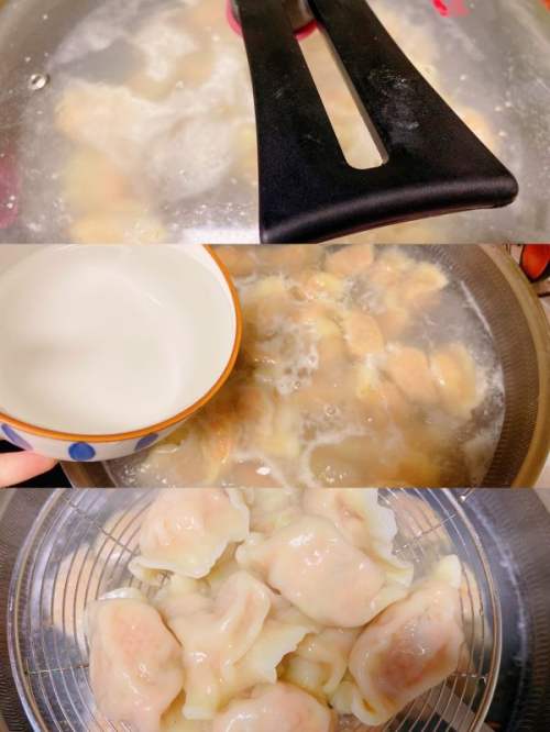 盖上锅盖,等水开后,分二次加入凉水,分别煮开后,捞出饺子装盘.