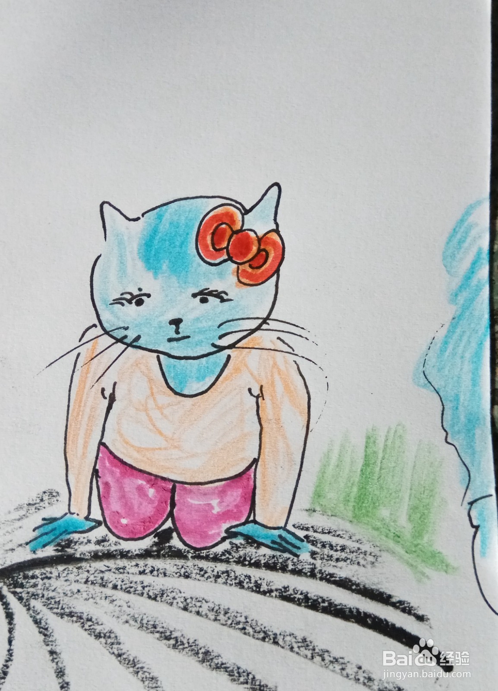 怎样画简笔画“小蓝猫爬进了草丛”
