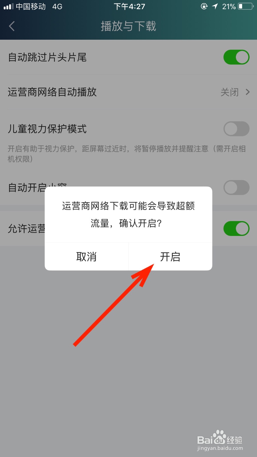 在爱奇艺软件如何开启运营商网络下载功能