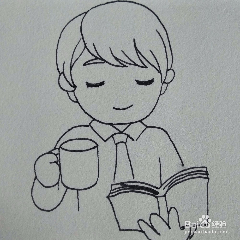 如何画一个在喝水看书的小孩简笔画?