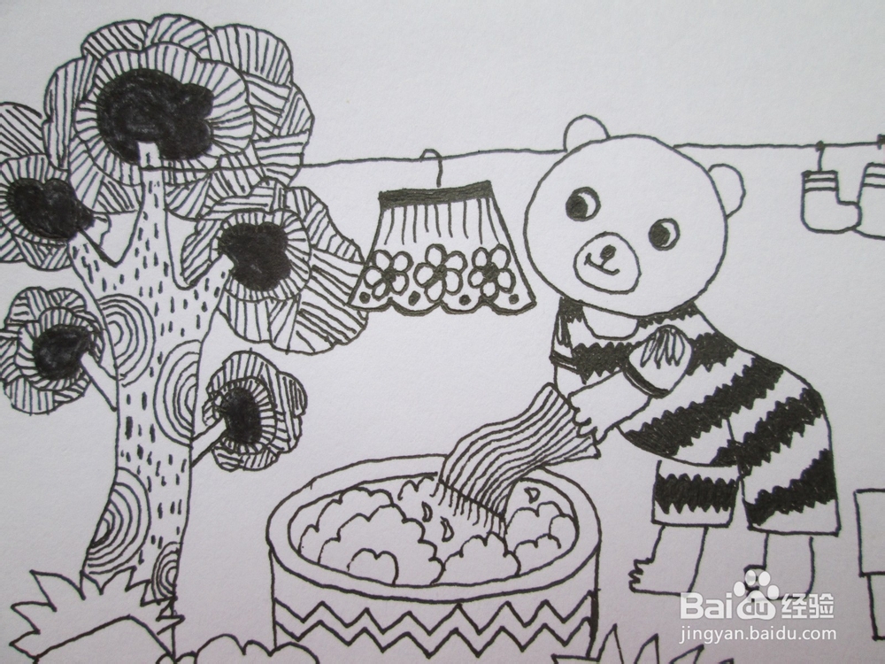 黑白线描画《勤劳的小熊》