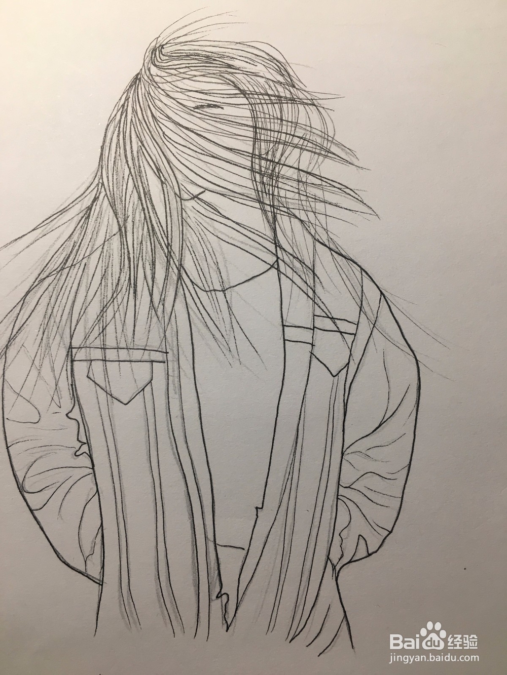 冬季画一个风中长发凌乱的样子 女子简笔线描画