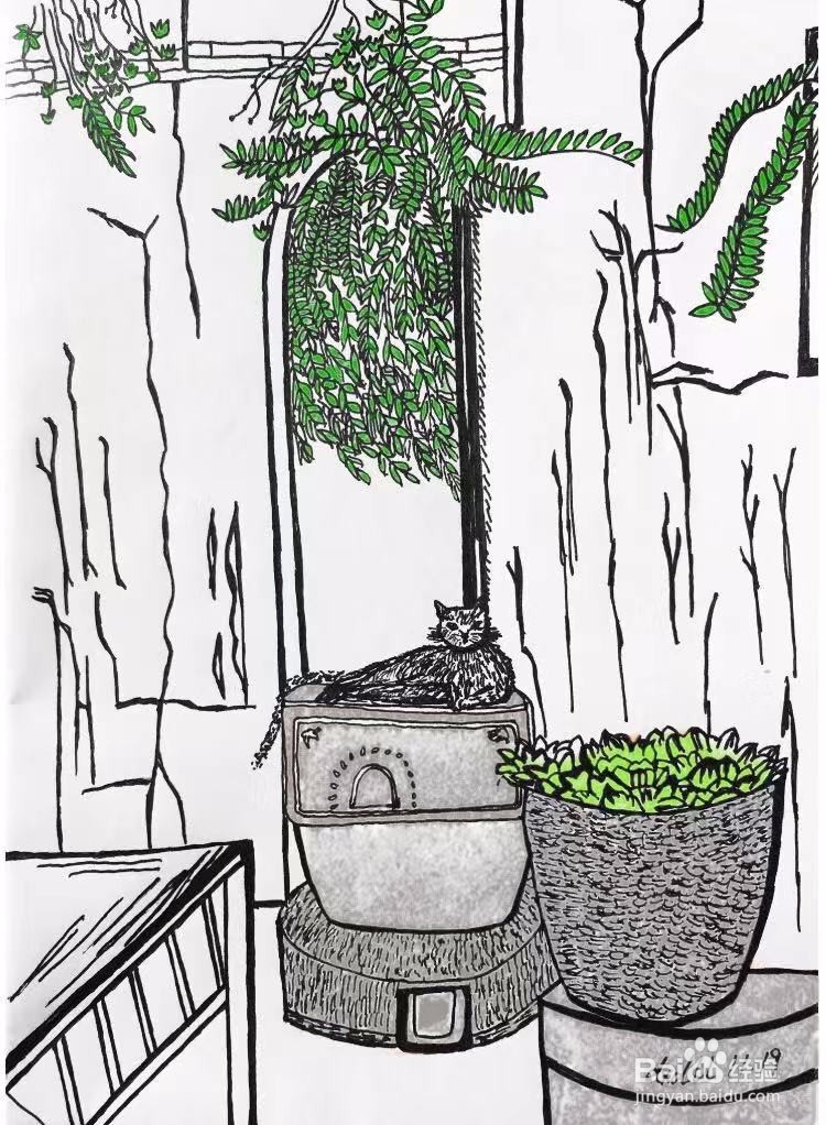 茉莉蜡笔手绘之安静的小院儿