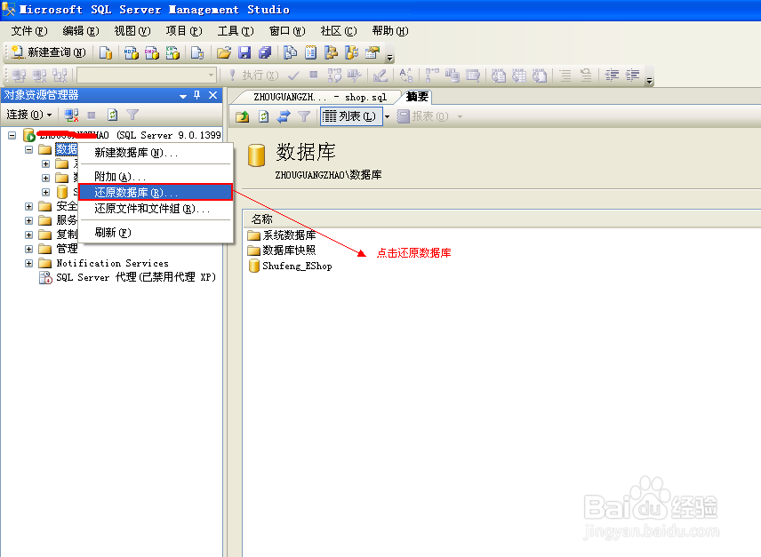 Sql Server 2005 .bak备份文进行还原数据库