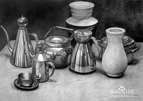 素描初学者要掌握的：酒瓶，酒杯，瓦煲和水果