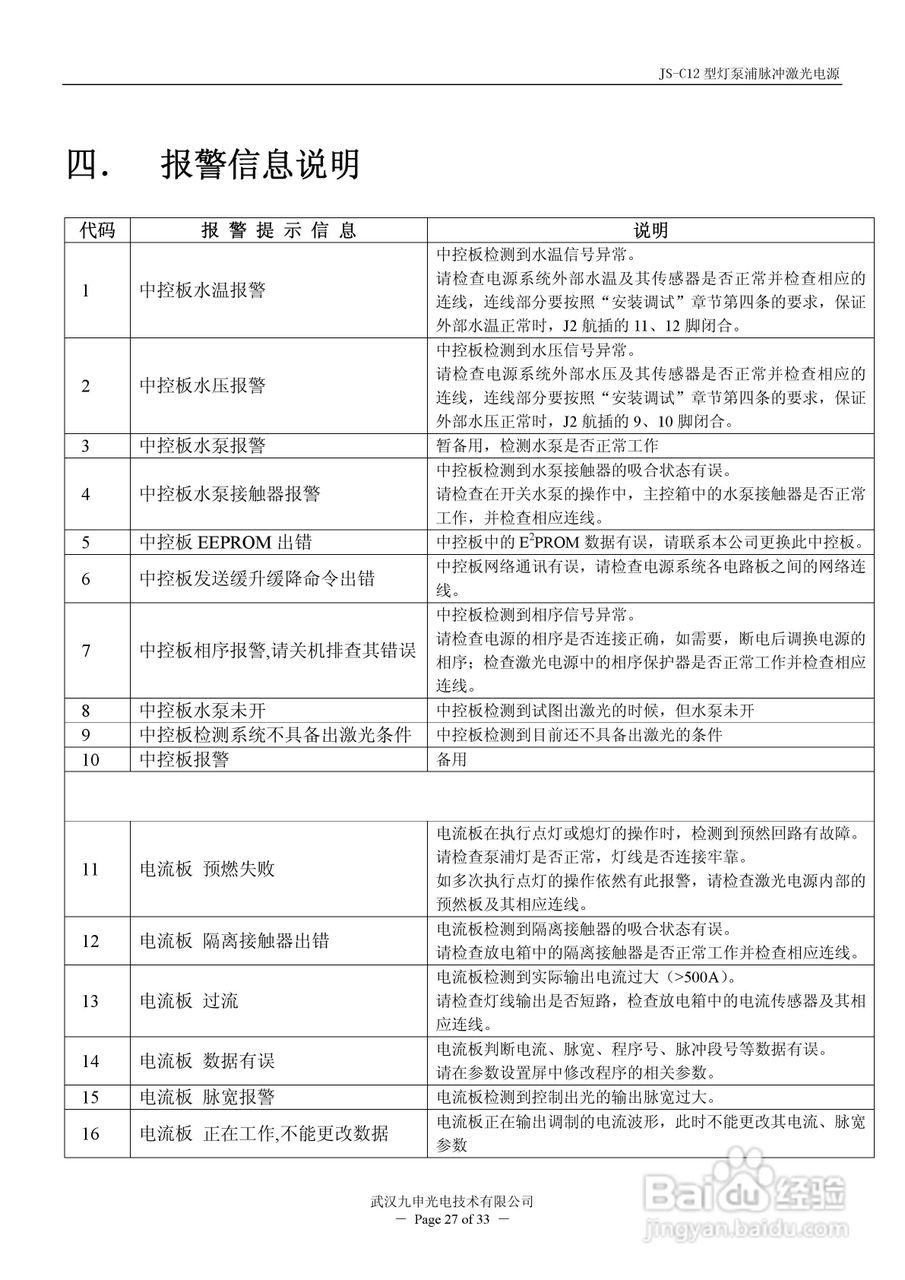 JIU SHEN JS-C12型灯泵浦脉冲激光电源使用说明书:[3]