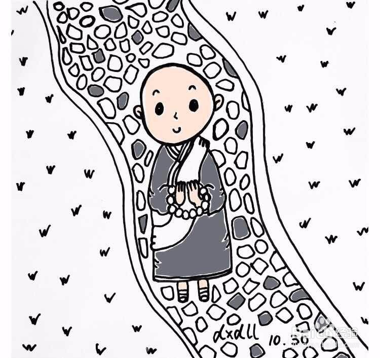 茉莉水彩手绘之踱步的小和尚