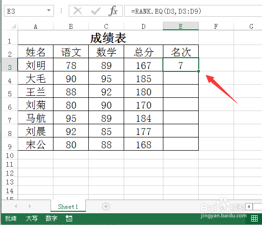 在Excel中怎样利用rank函数来计算名次