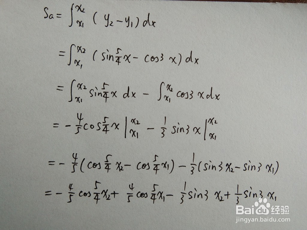 如何计算函数y1=cos3x与y2=sin5x/4围成的面积