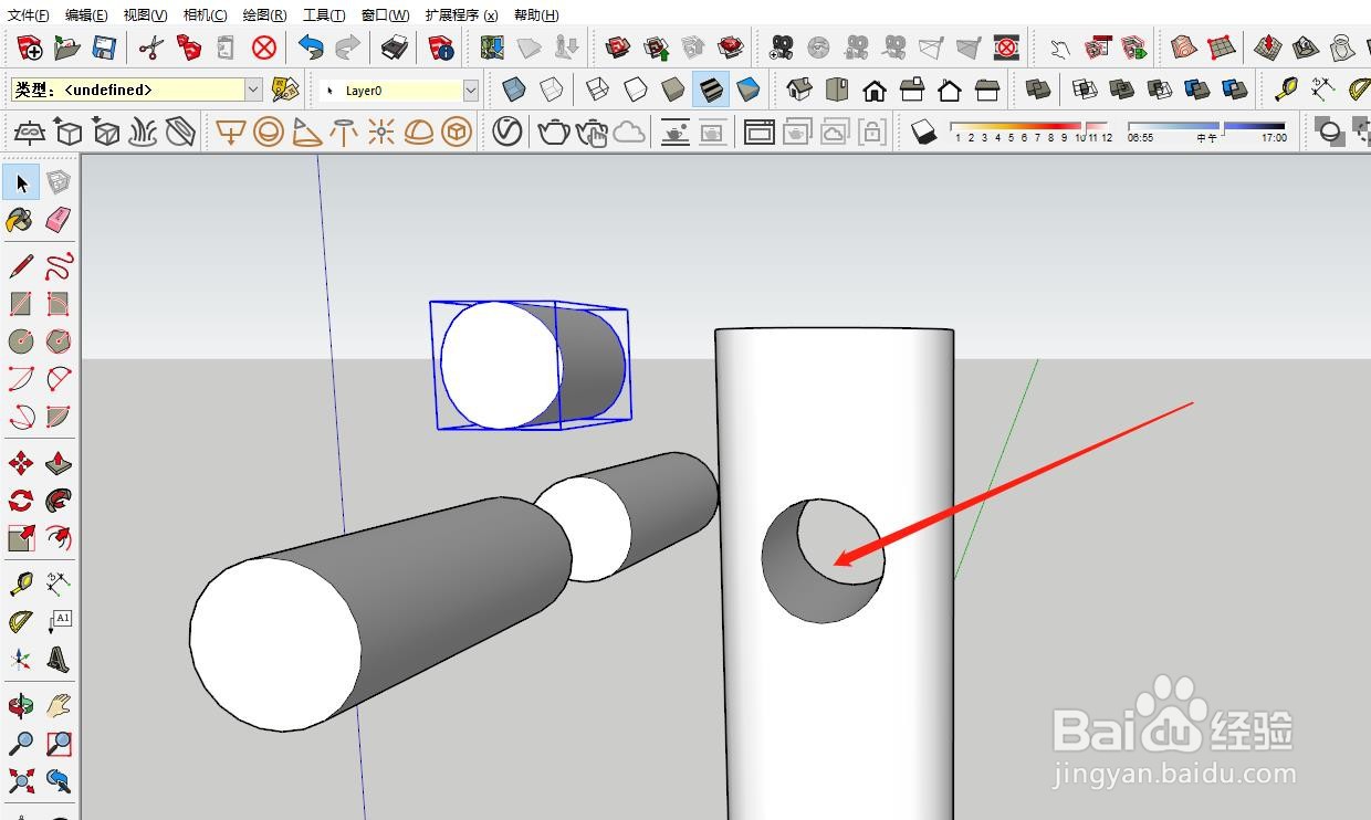 如何使用Sketchup软件在圆柱体上面开洞