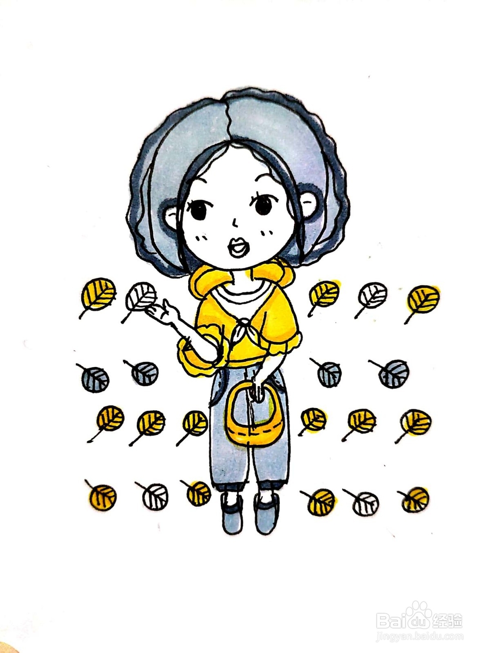 简笔画:可爱落叶女孩简笔画
