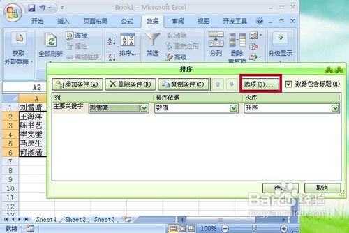 Excel2007表格怎样把姓名的顺序设置成笔画排序
