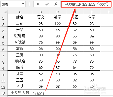 Excel怎么统计各科不及格人数