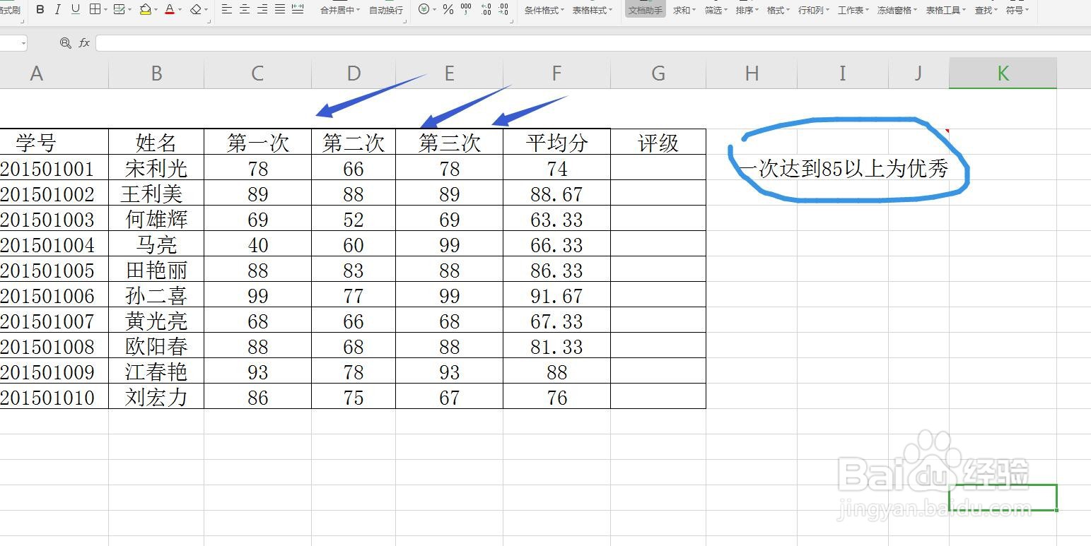 Excel表格中怎么对分数评级,使用IF和OR函数