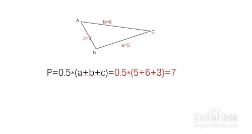 我們首先求出三角形的半周長p,p=0.5*(a b c),根據假設p=7.