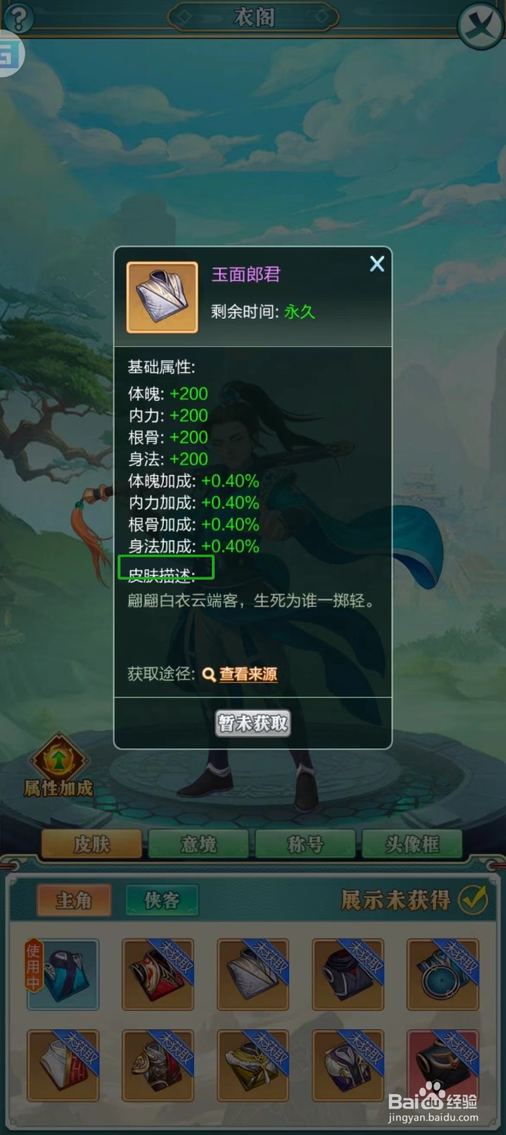 武宗江湖怎样查看玉面郎君的【皮肤描述】