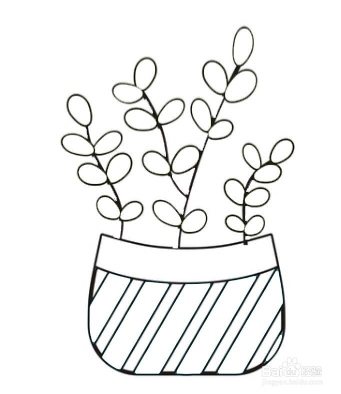 绿色圆盆植物的简笔画法:画出花盆上的纹理线条