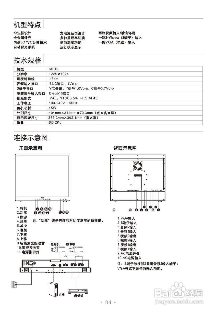 TCL王牌ML19监视器使用说明书