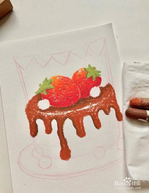 下面,蛋糕流下来的巧克力酱,用棕红色涂,边缘用深棕色过渡一下