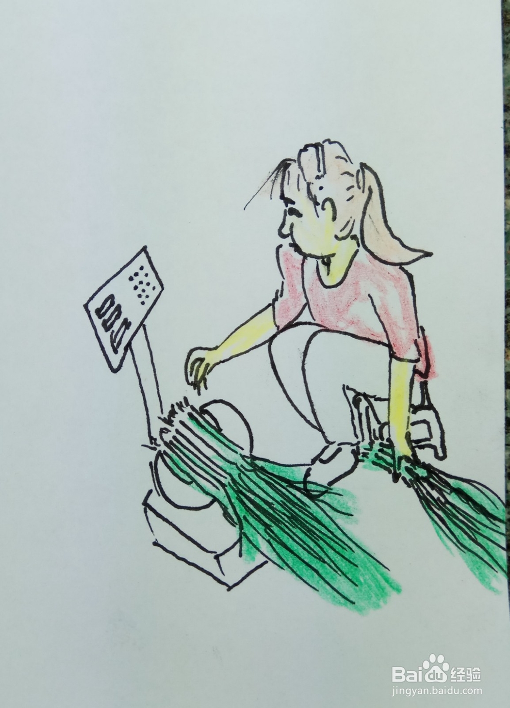 怎样画简笔画“小女孩学称葱”?