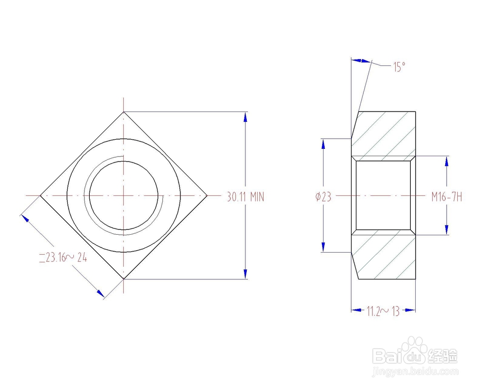 <b>GB/T39 M16的C级方螺母二维平面图CAD怎么画</b>