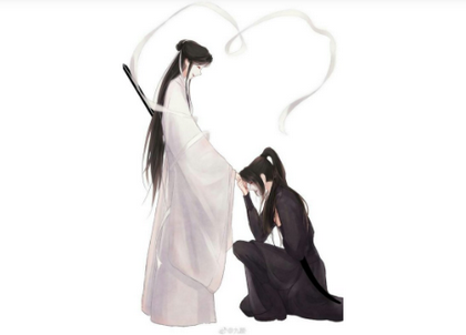 求天官赐福中谢怜扮成白无相和跪着的少年花城的图