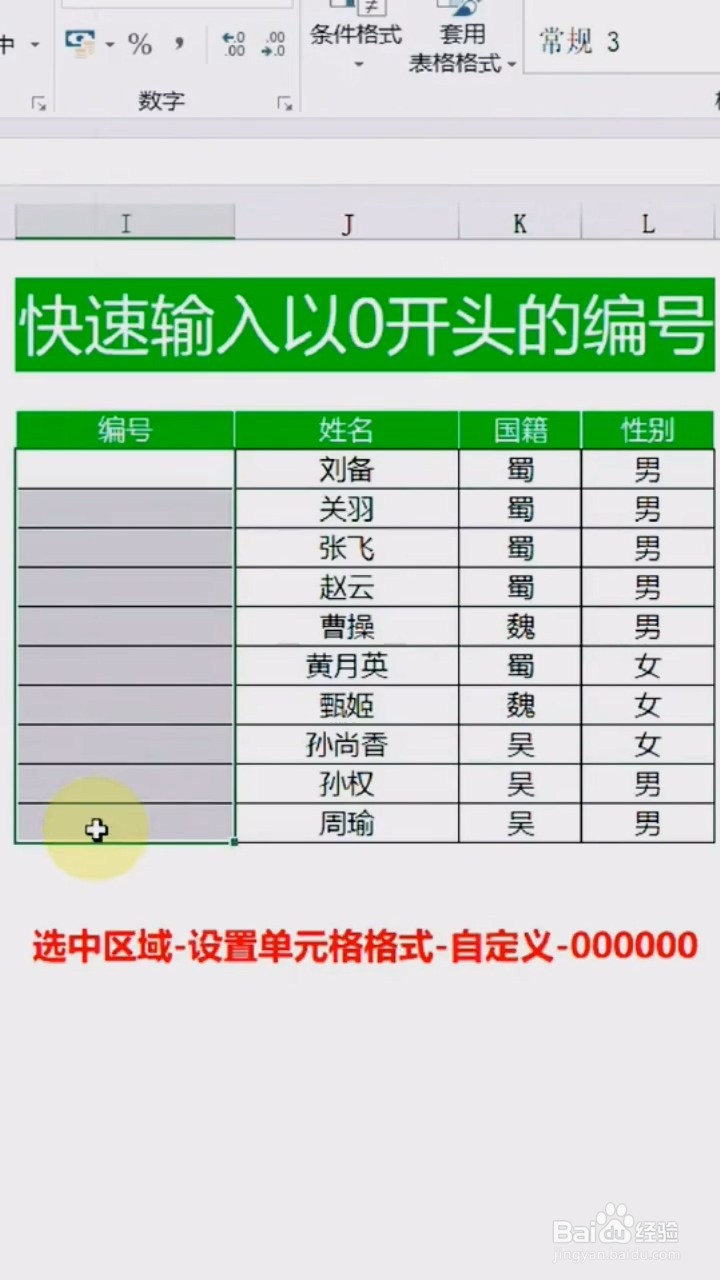 Excel中如何输入以“0”开头的编号