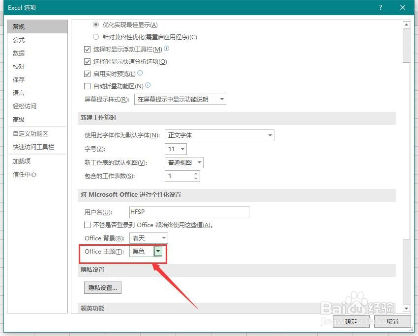 Excel 2019如何更改主题颜色为黑色