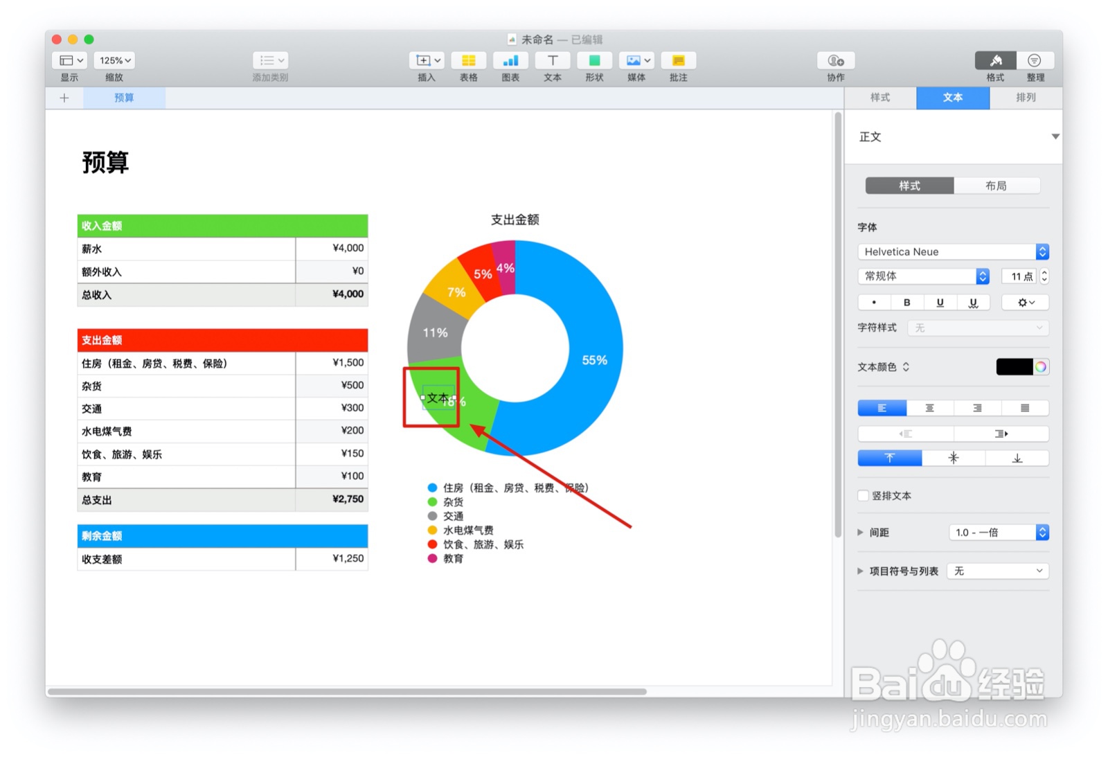 Numbers表格“简单预算”模板中如何插入文本
