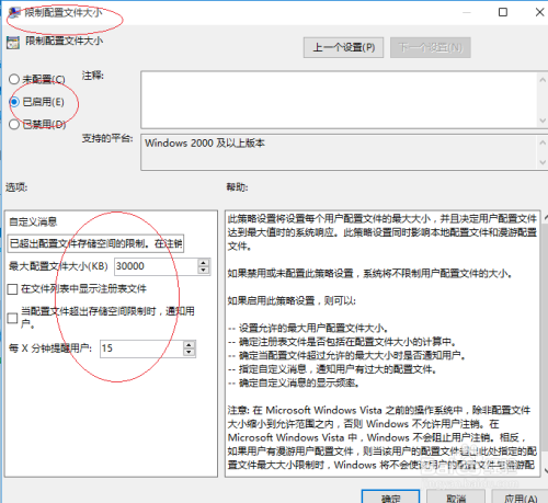 Windows 10如何限制配置文件大小