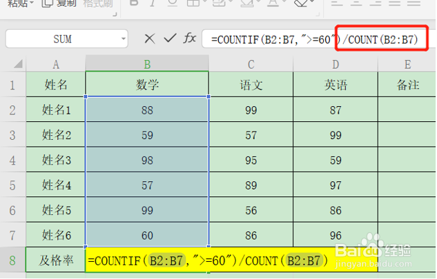 Excel表格计算及格率的方法