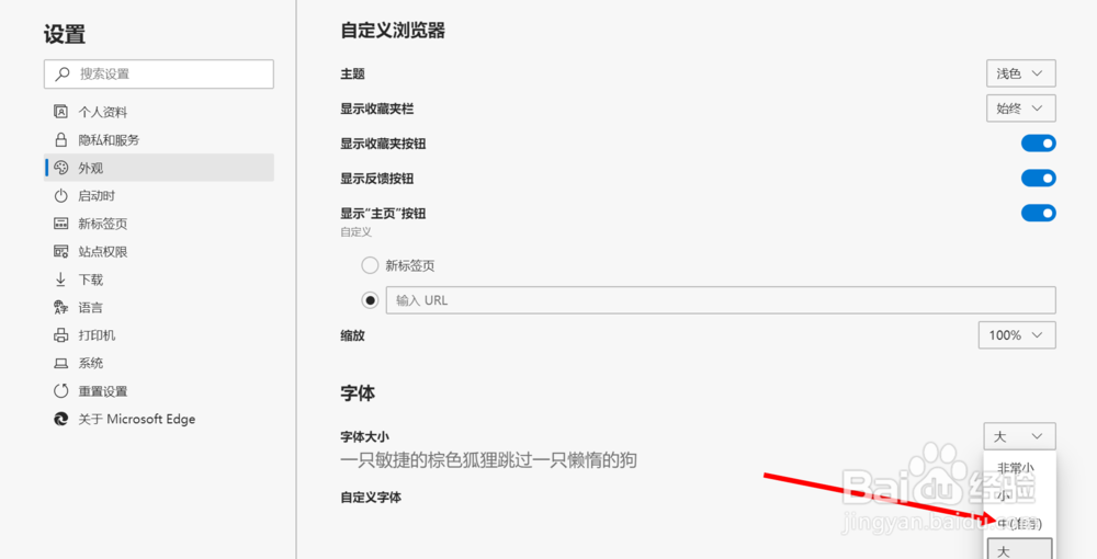 在新版Microsoft edge浏览器里将字号调整为中