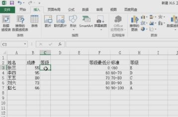Excel中如何根据不同的成绩自动划分等级