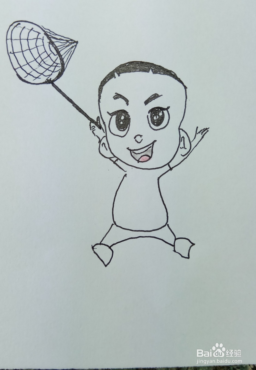 怎样画儿童简笔画“大头儿子抓蝴蝶”