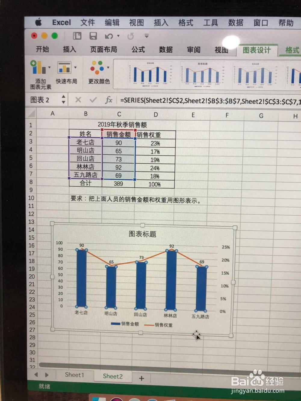 如何在excel表格用图形表示销售金额和权重数
