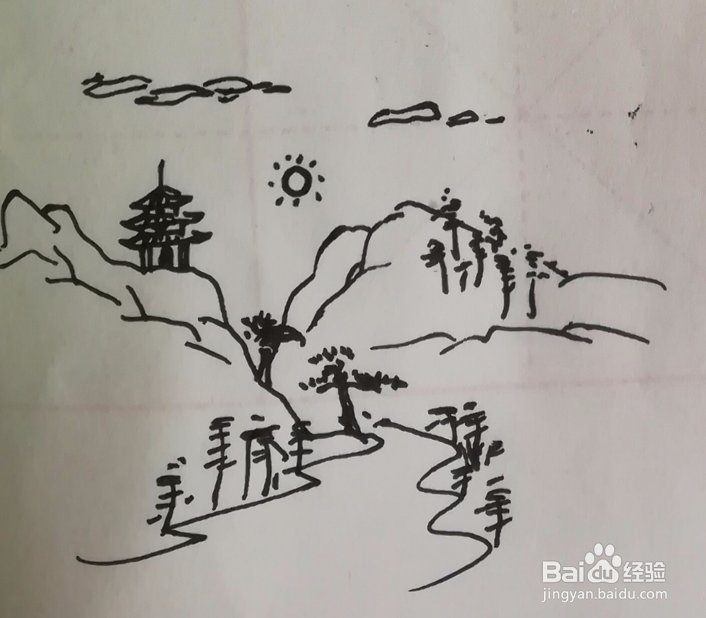 山、河、树、亭子、白云太阳组合简笔画