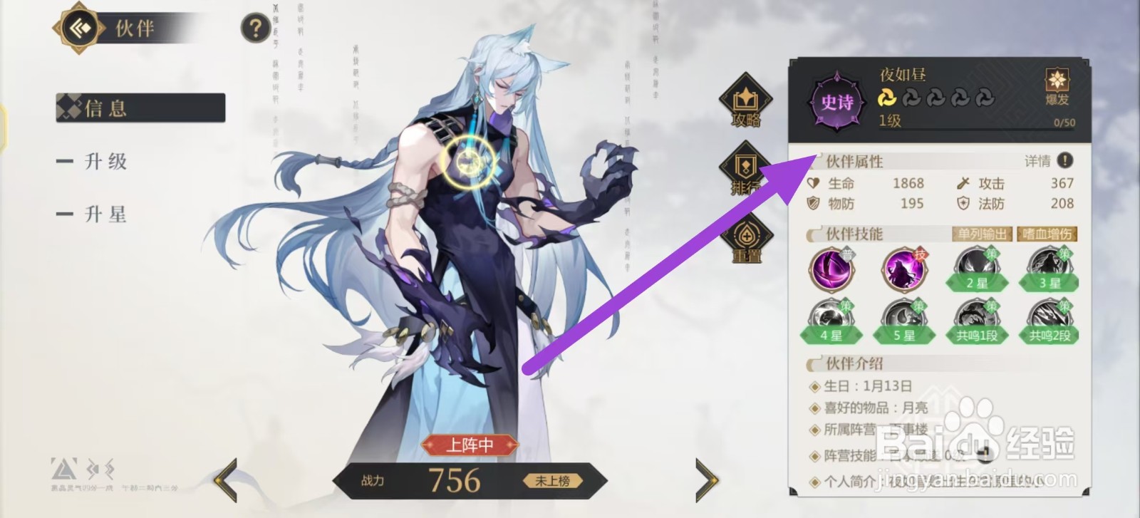 启明幻歌如何查看夜如昼的伙伴属性？