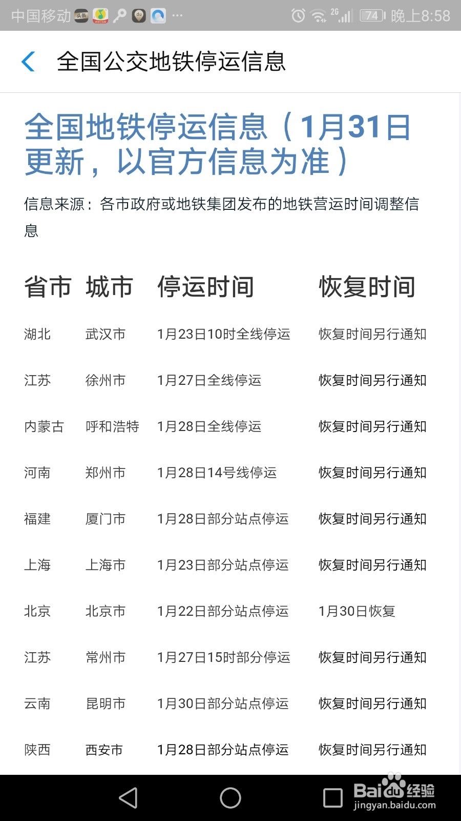 新型肺炎公交地铁停运怎么查看