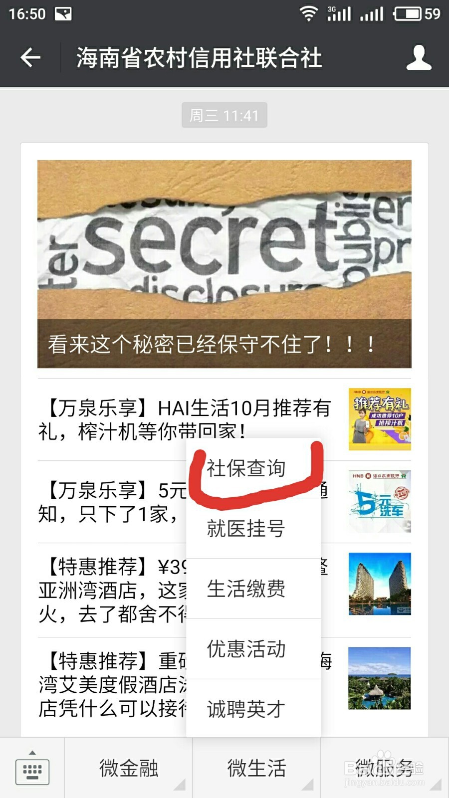 怎样在微信上查询在海南所购买的社保信息