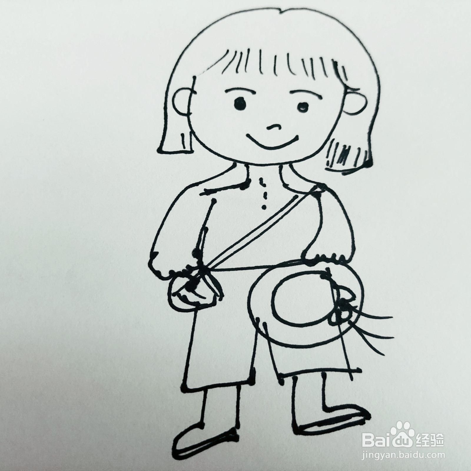 如何来画一位背着红包拿着帽子的卡通女孩呢?