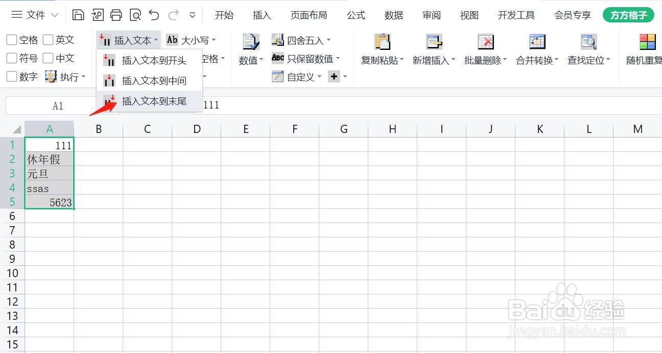 Excel如何批量插入文本到末尾