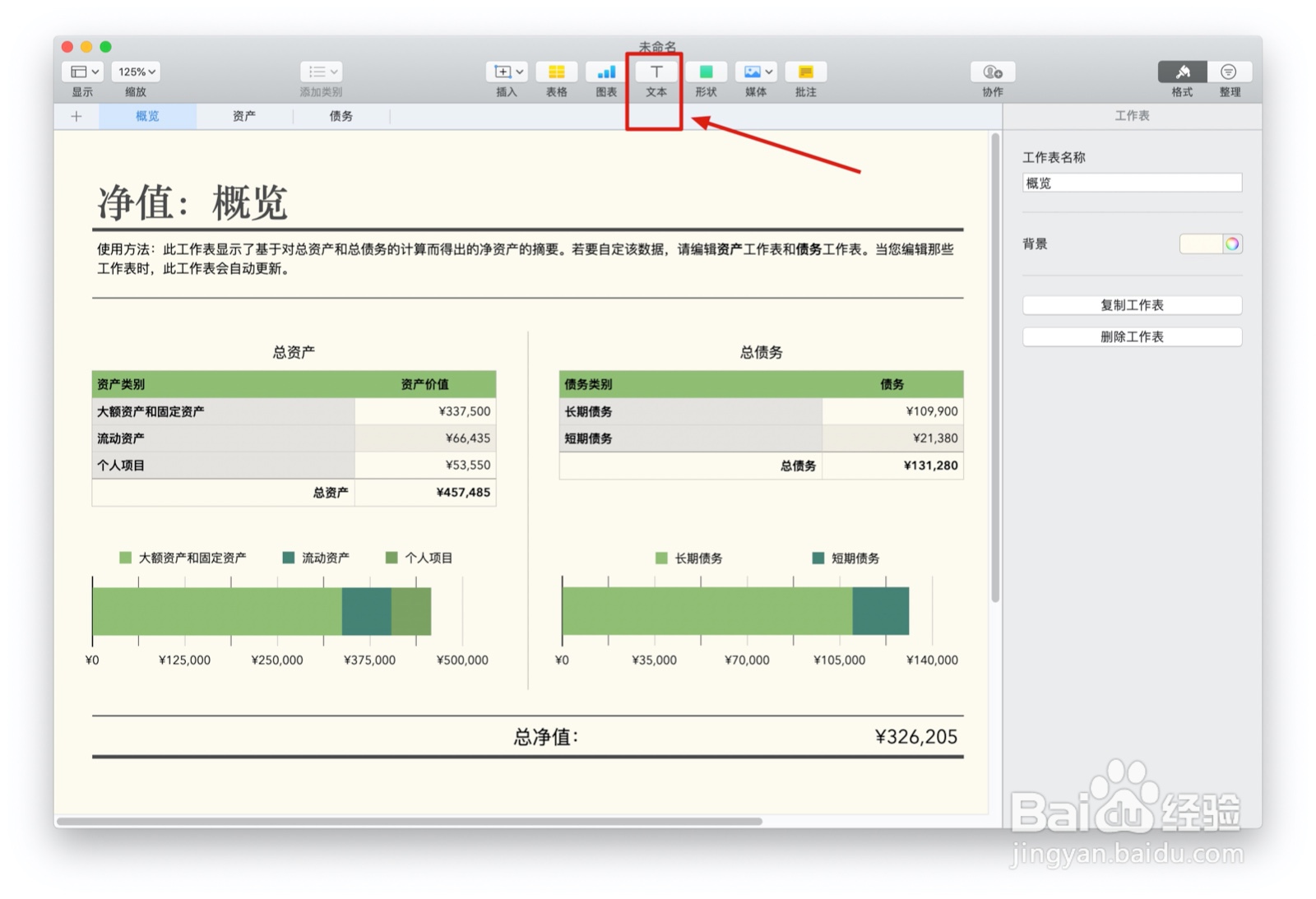 Numbers表格“净值”模板中如何插入文本