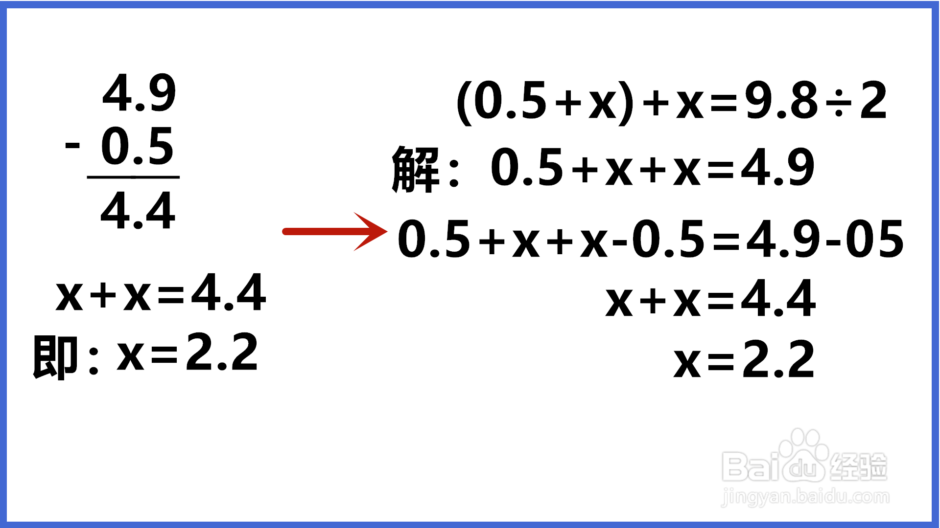 (0.5+x)+x=9.8÷2解方程怎么解